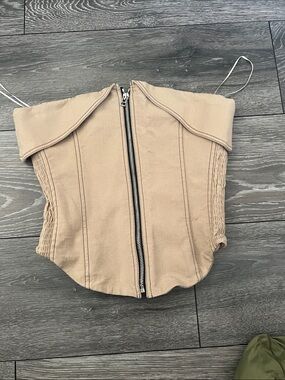Beige Strapless Corset Top with Front Zip Zara Tan Zipper Corset Bustier Top